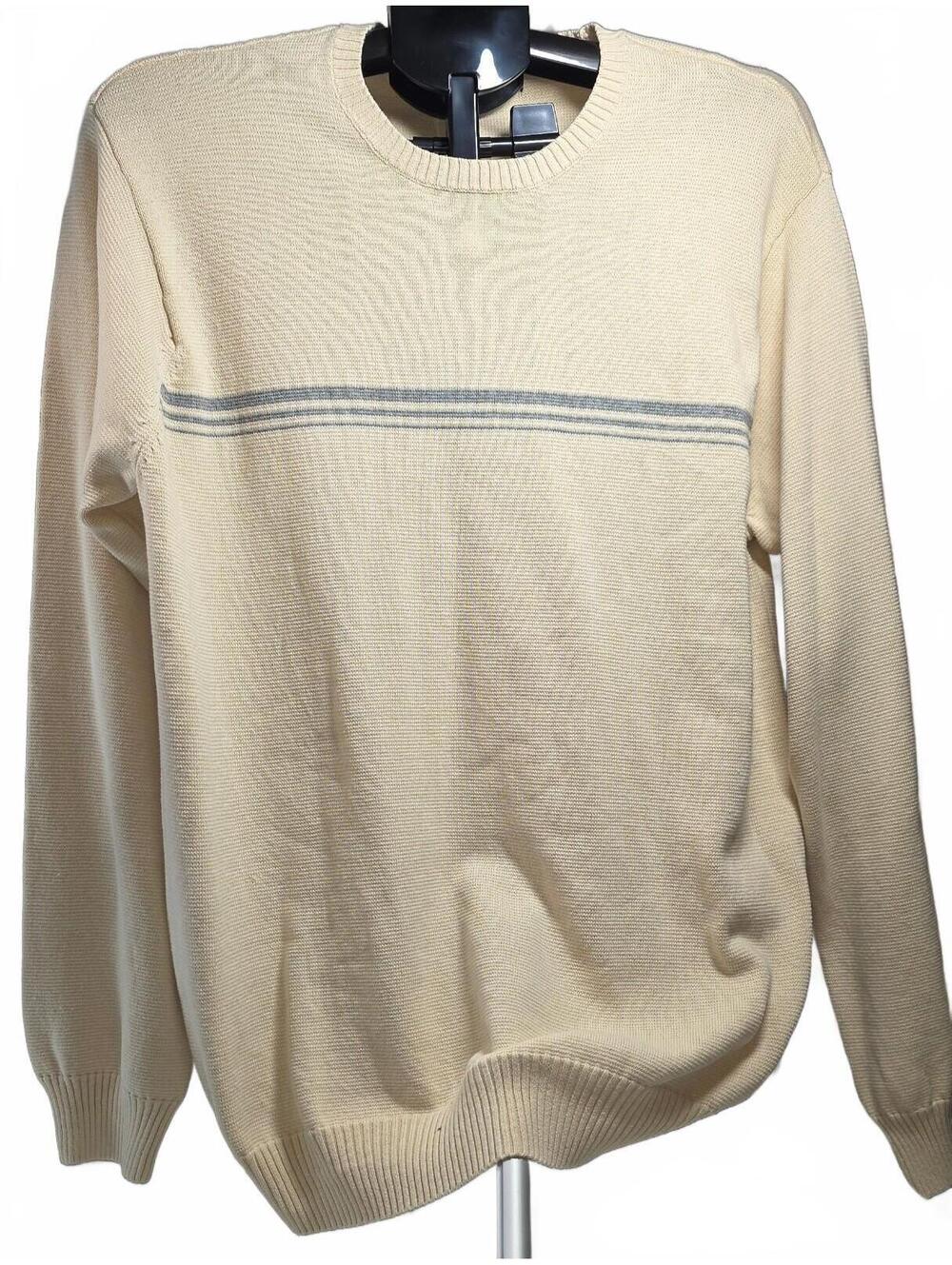 Arrow Classic Beige Crewneck Sweater with Subtle Gray Stripes - Size Large